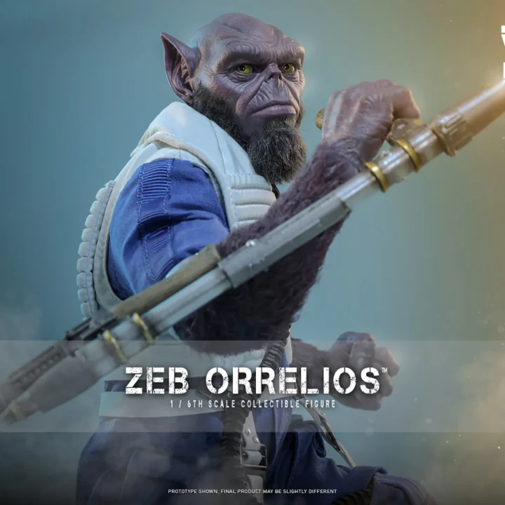 Hot Toys Zeb Orrelios with purple skin, green eyes and a dark beard, raising his bo-rifle across a blue flight suit and pale gray vest.