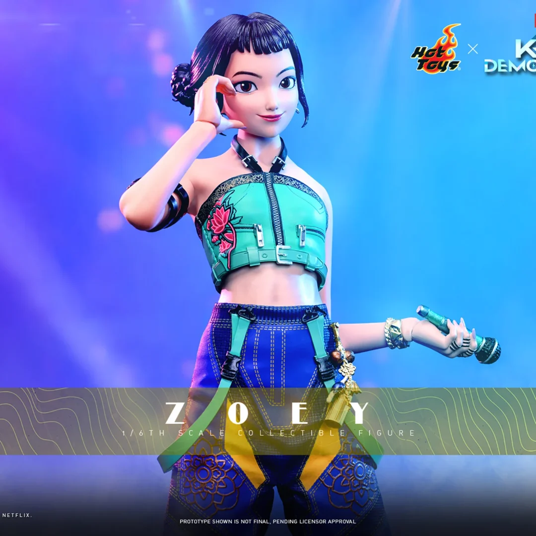 Hot Toys Zoey touching the side of her face while holding a microphone low, wearing a teal crop top and blue-and-yellow trousers under blue-purple lighting.