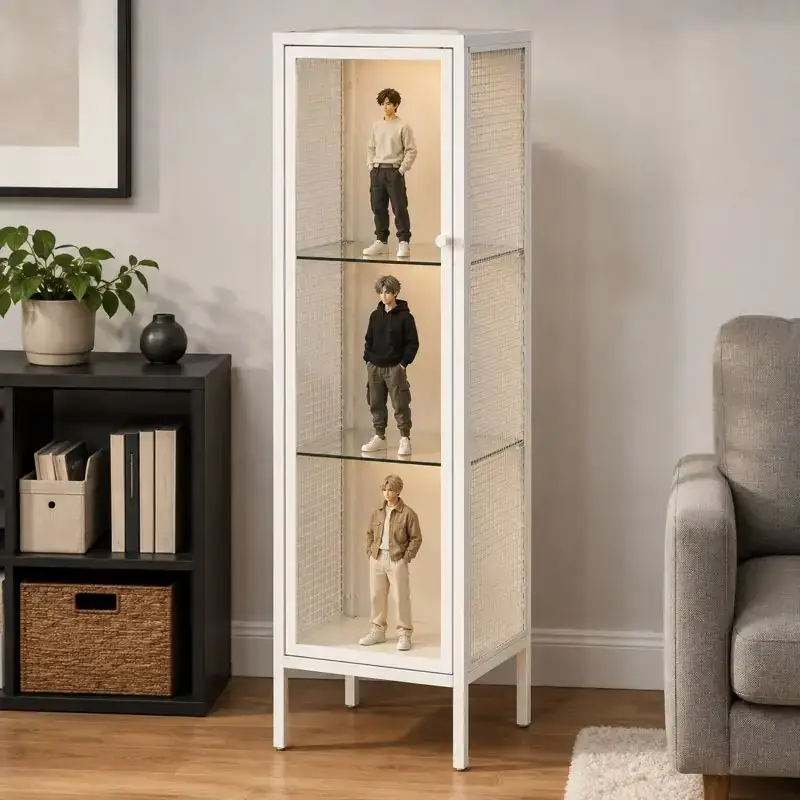 Illustration of a narrow white BAGGEBO-style cabinet with textured side panels and three displayed figures beside a sofa and storage shelf.