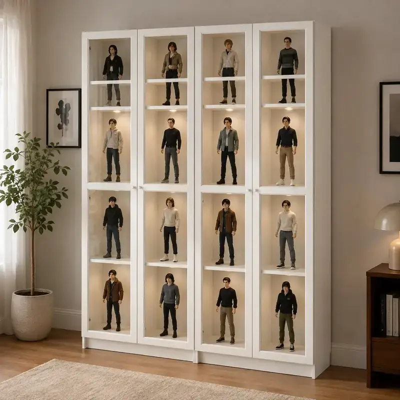 Illustration of a wide white BILLY OXBERG-style glass-door display wall, with sixteen figures arranged individually in a four-by-four grid.