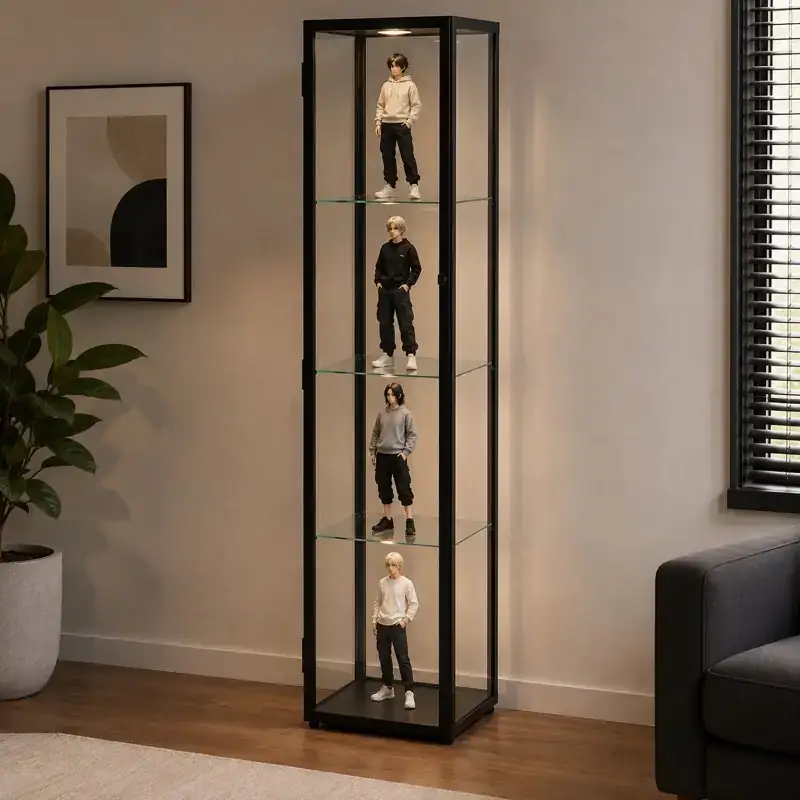 Illustration of a slim black BLÅLIDEN-style glass cabinet containing one casually dressed figure on each of four levels beside a living-room window.