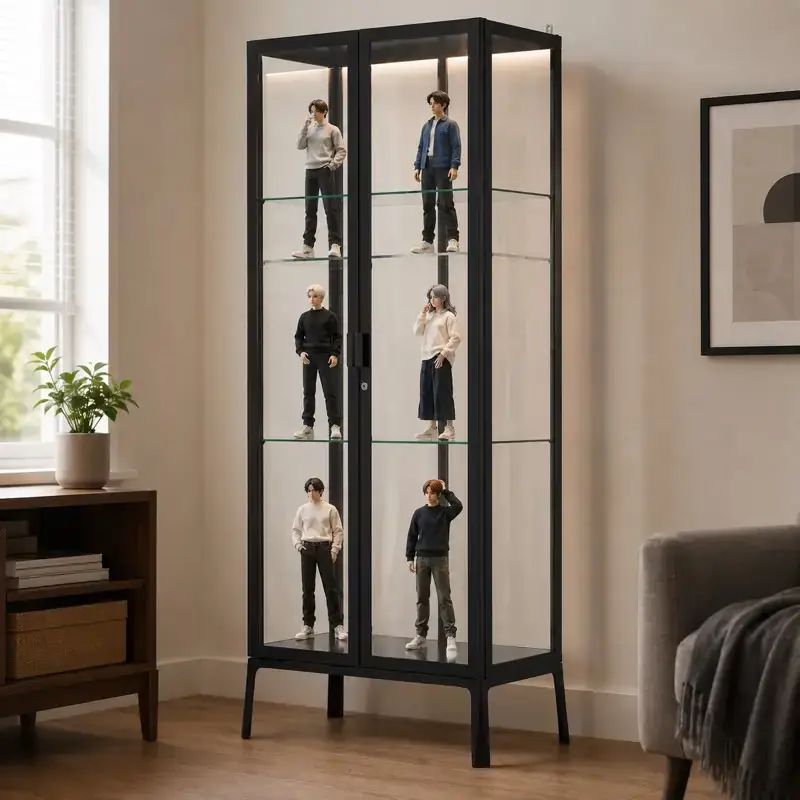 Illustration of a black MILSBO-style glass-door cabinet on raised legs, with paired casually dressed figures on three softly lit display levels.