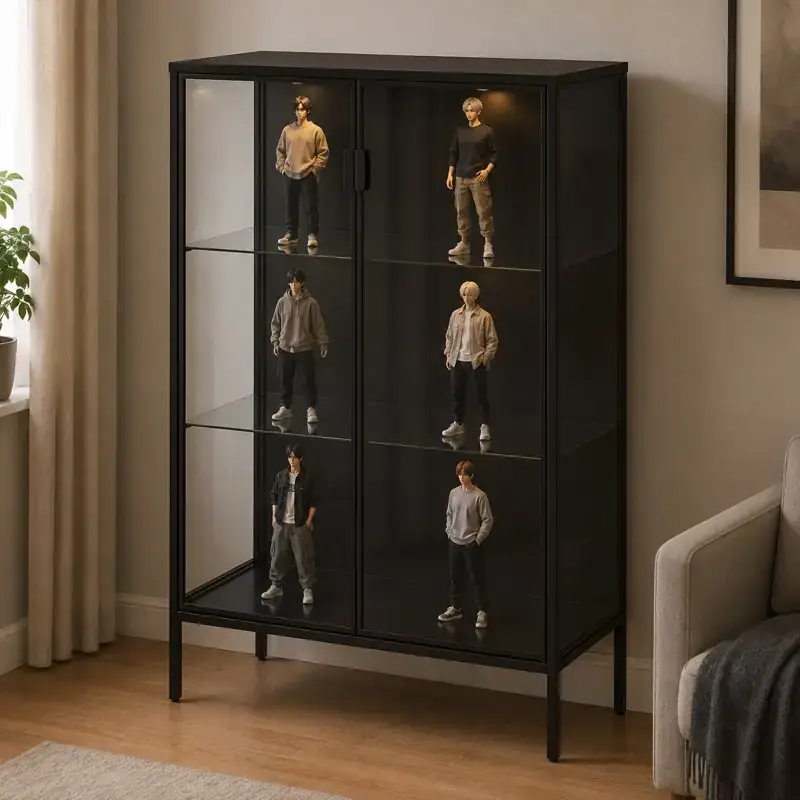 Illustration of a wide black RUDSTA-style cabinet with double glass doors, short legs and two figures on each of three display levels.