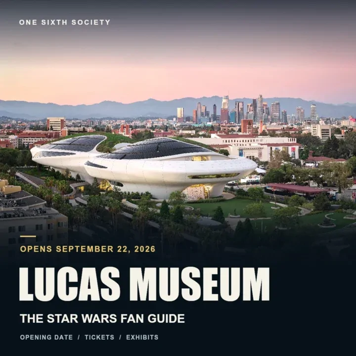 Lucas Museum Star Wars visitor-guide cover showing the museum’s sweeping white exterior and landscaped grounds with the Los Angeles skyline behind.