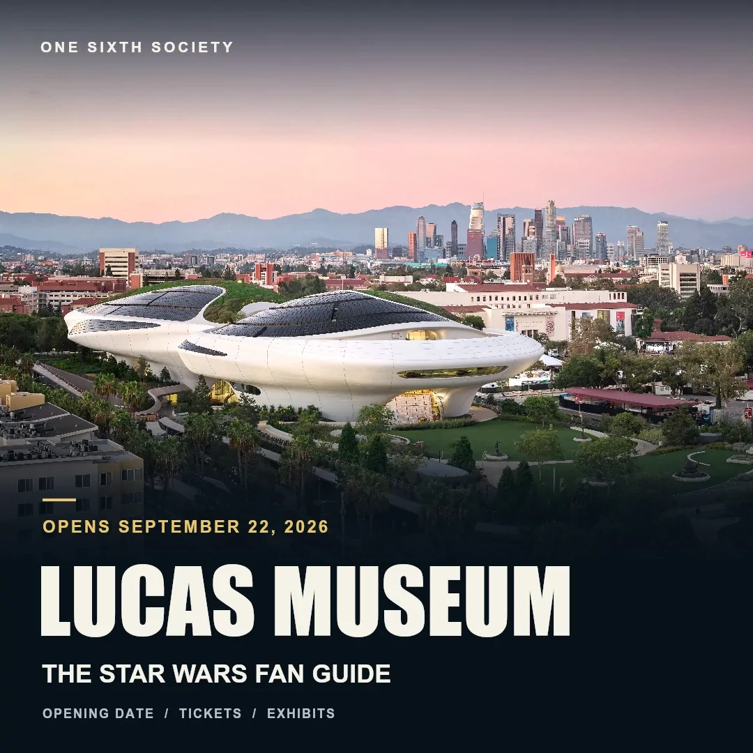 Lucas Museum Star Wars visitor-guide cover showing the museum’s sweeping white exterior and landscaped grounds with the Los Angeles skyline behind.
