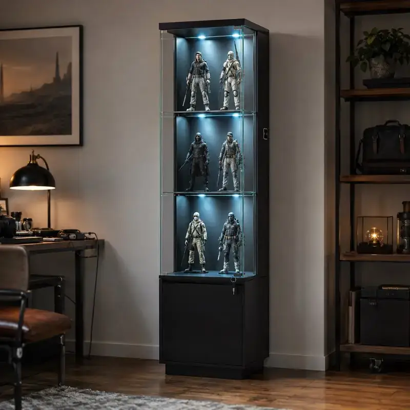 Illustration for the Lvifur section showing three blue-lit glass display levels above a solid black lower storage cabinet.