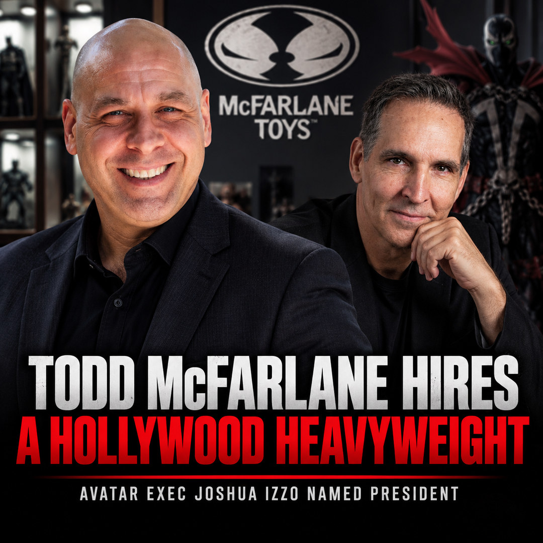 Editorial illustration for McFarlane Toys appointing Joshua Izzo, with the headline Todd McFarlane Hires a Hollywood Heavyweight
