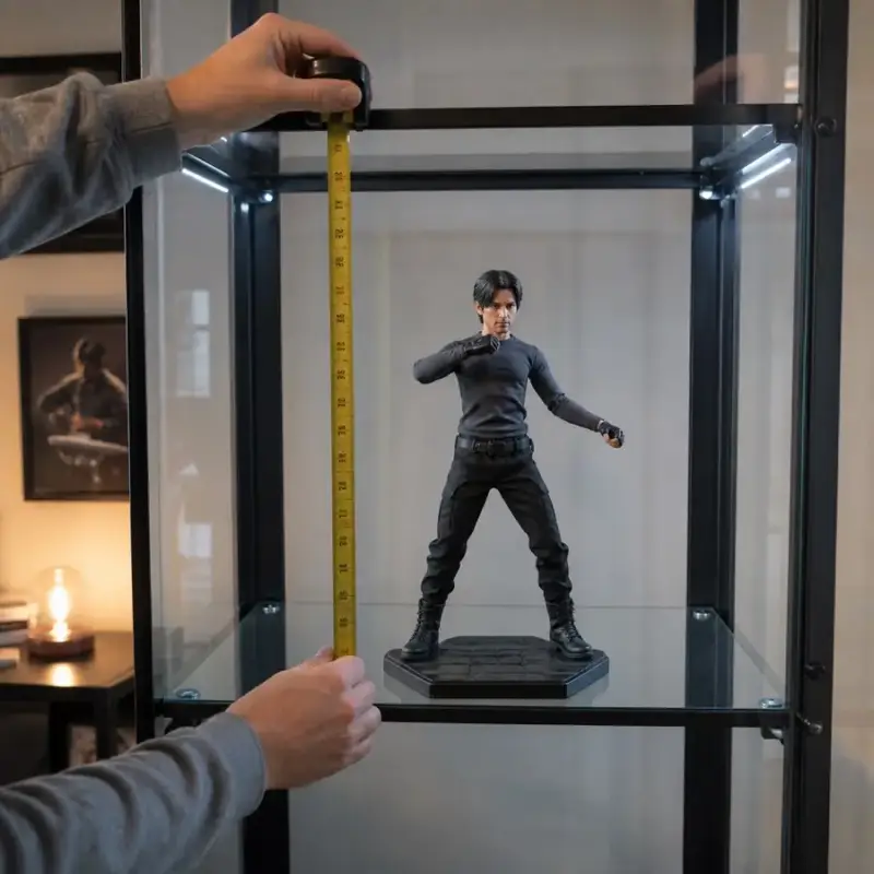 Illustration of hands holding a tape measure vertically inside a glass cabinet beside a posed figure on a stand, demonstrating shelf-clearance checks.