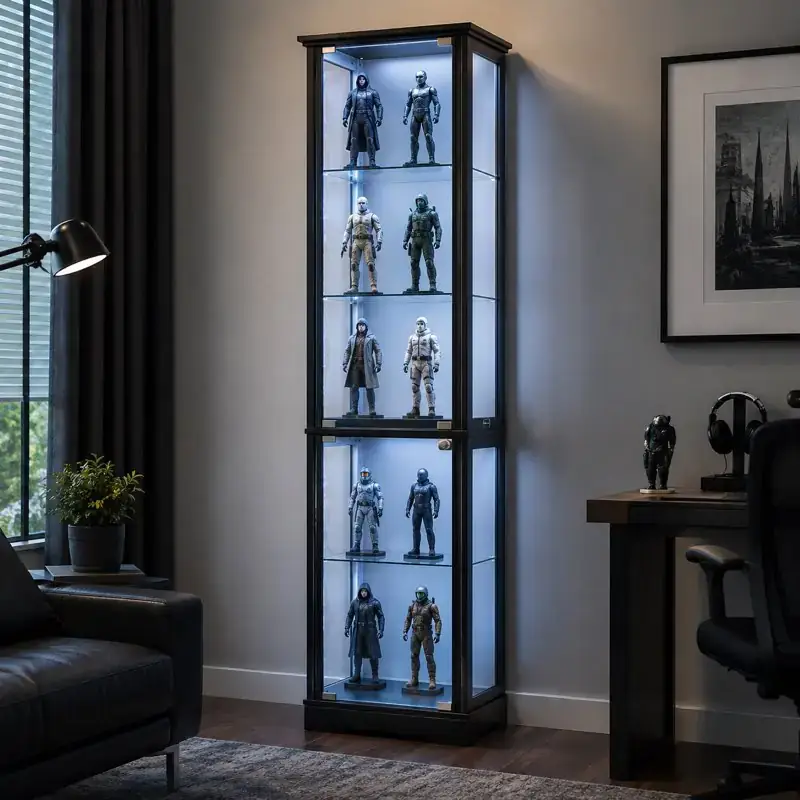 Illustration of a narrow black-framed cabinet with five cool-lit levels of figures beside a window and desk, used in the NicBex section.