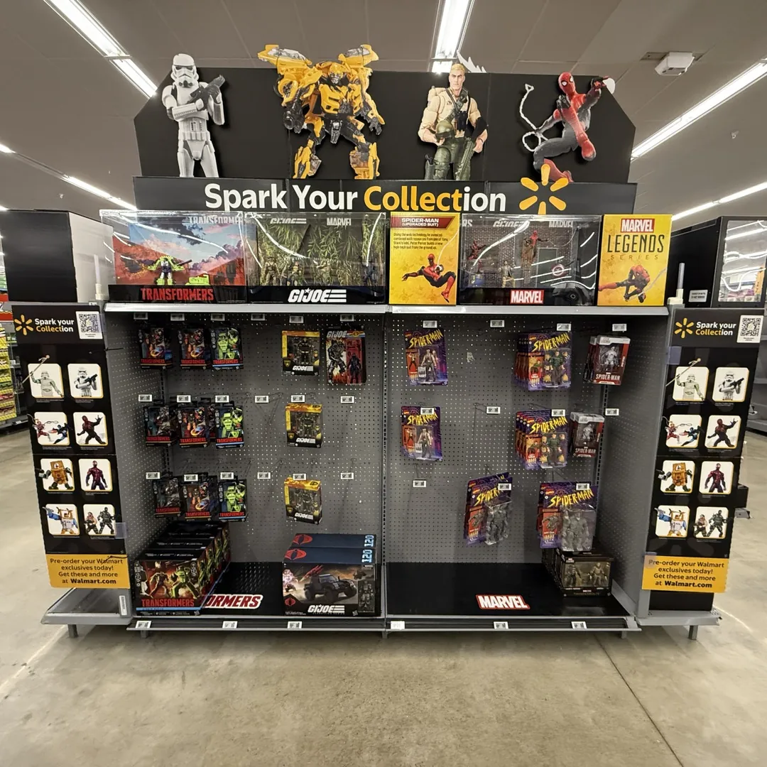 Walmart collector display stocked with Transformers, G.I. Joe, Marvel and Star Wars figures