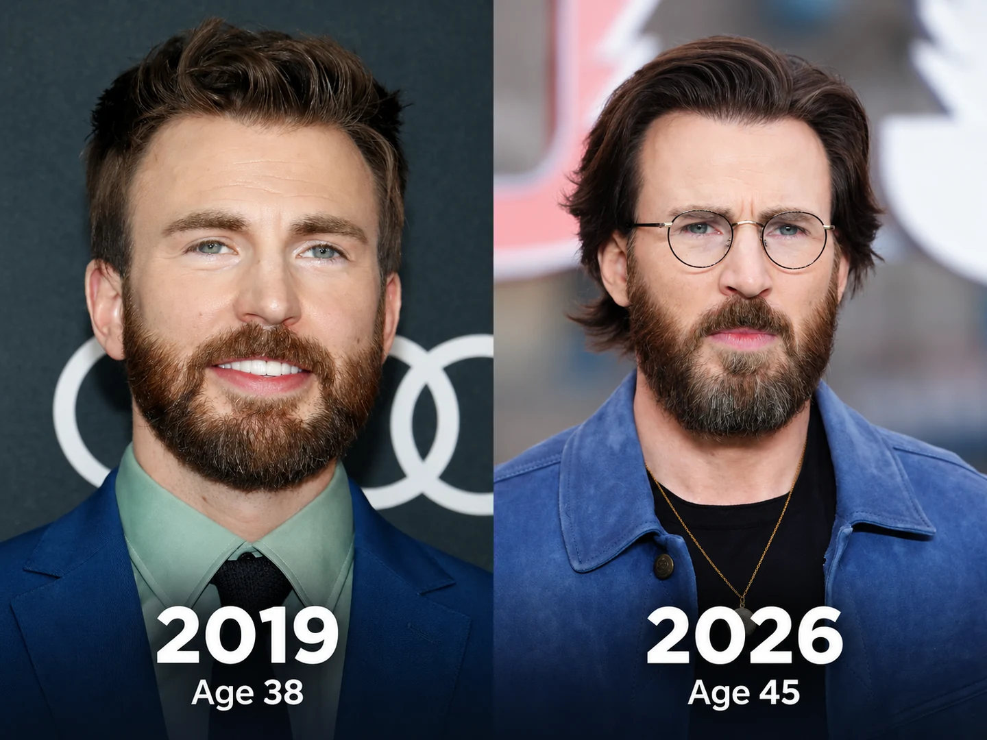 Side-by-side photos of Chris Evans in 2019 and 2026, showing different hair, beard and expressions