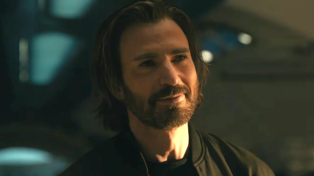 Chris Evans as Steve Rogers with long hair and a beard in Avengers Doomsday reference still