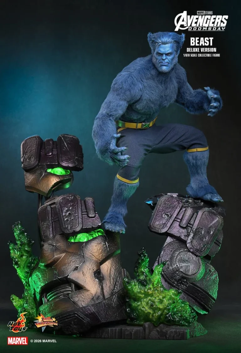 Beast Deluxe MMS921 standing on the damaged Sentinel-head diorama with green light-up eyes