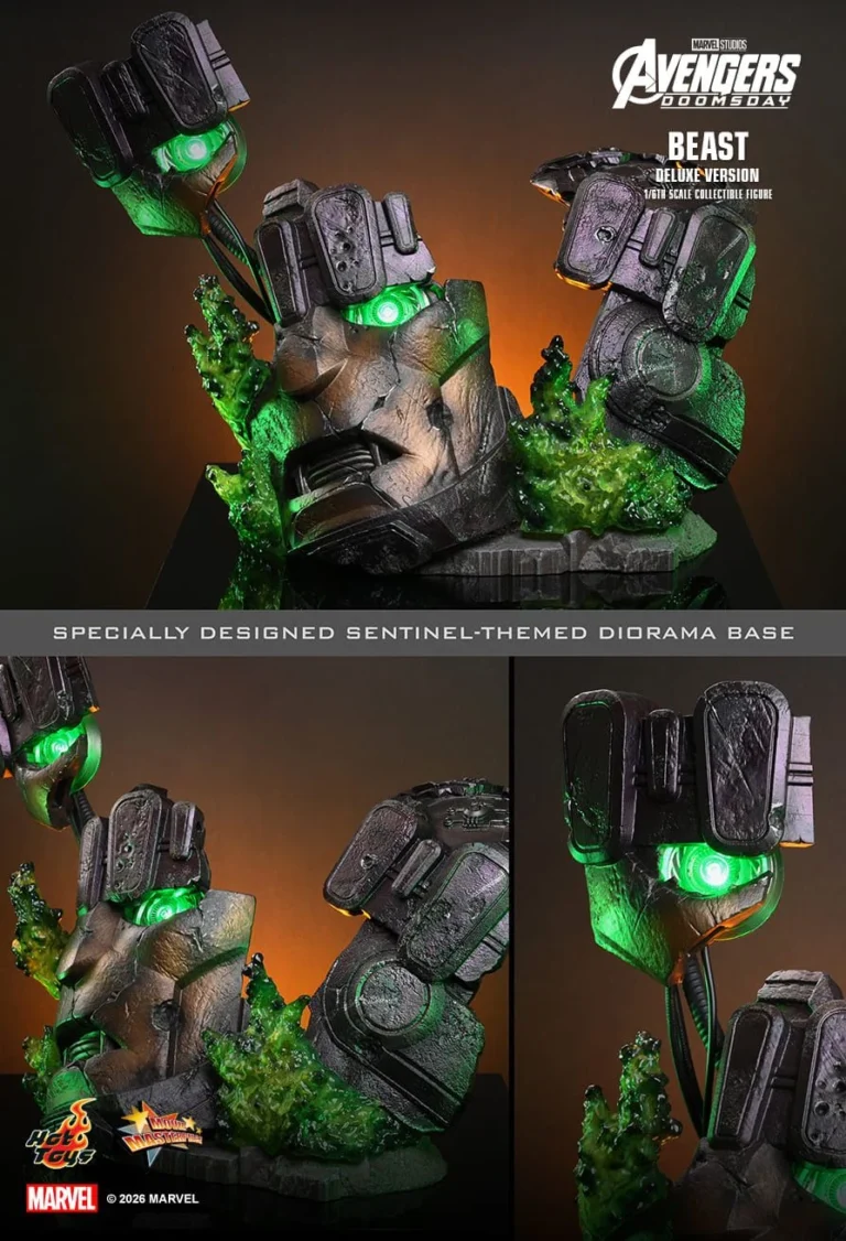 Beast Deluxe Sentinel-head base overview showing mechanical cables, green flame effects and illuminated eyes