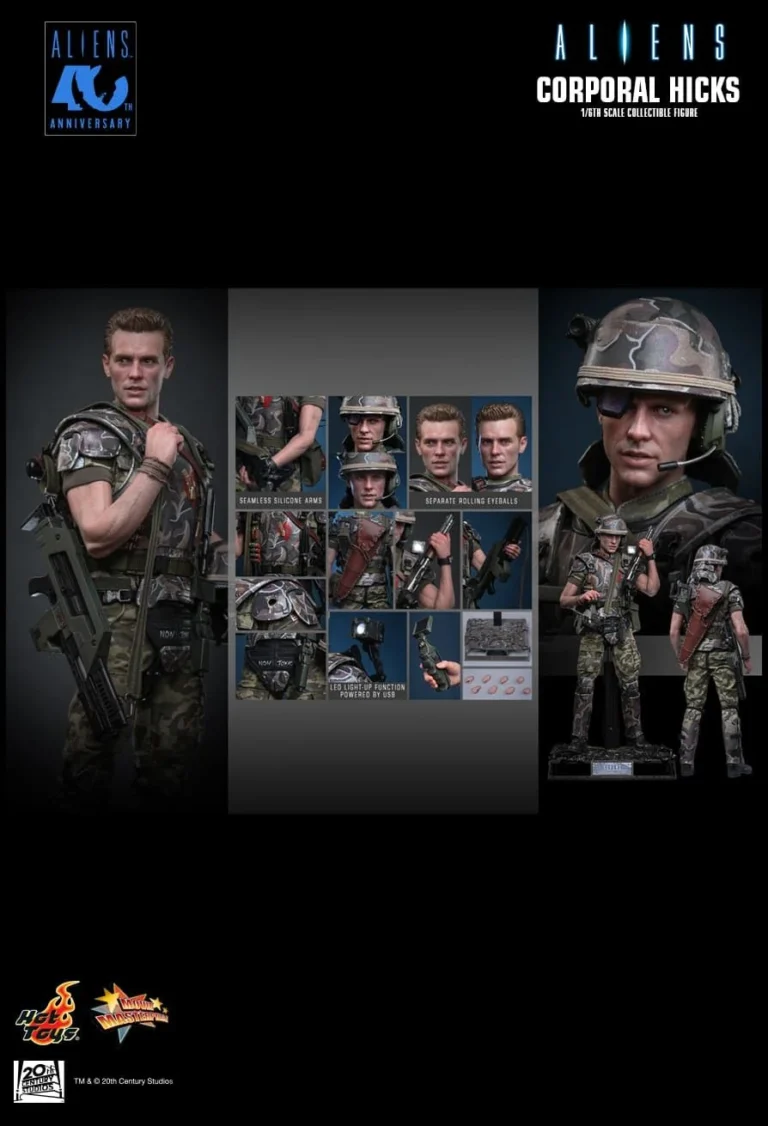 Official Corporal Hicks MMS930 overview showing the figure, helmet, weapons, hands and diorama base