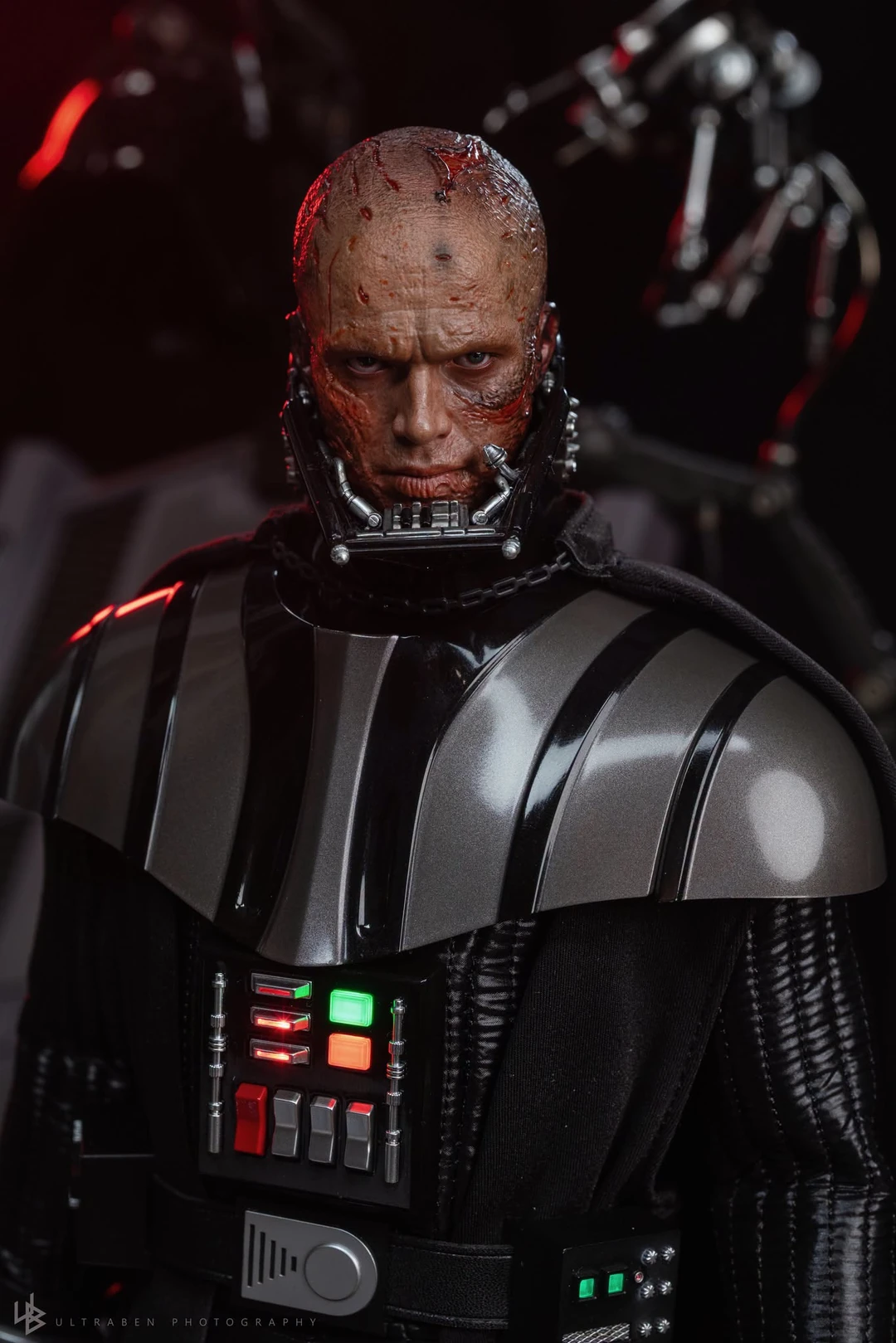 Final production review photo of Hot Toys Darth Vader Revenge of the Sith showing the burned Anakin Skywalker head sculpt and neck assembly.