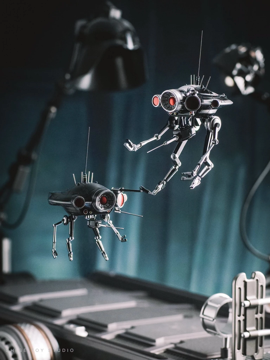 Final production review photo of Hot Toys Darth Vader Revenge of the Sith showing the two articulated medical droids above the operating table.