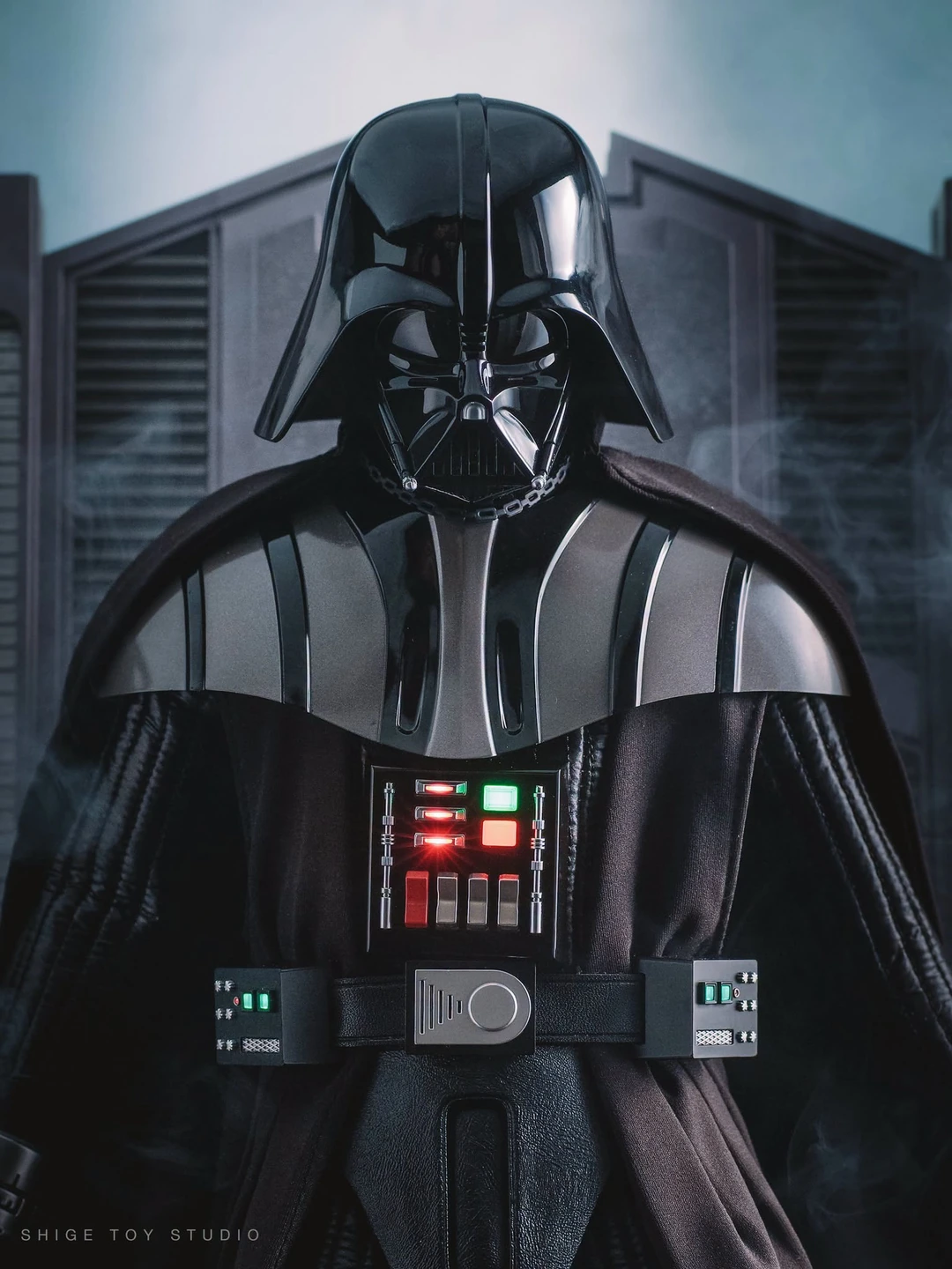 Final production review photo of Hot Toys Darth Vader Revenge of the Sith showing the helmet, chest armor and illuminated chest panel from the front.