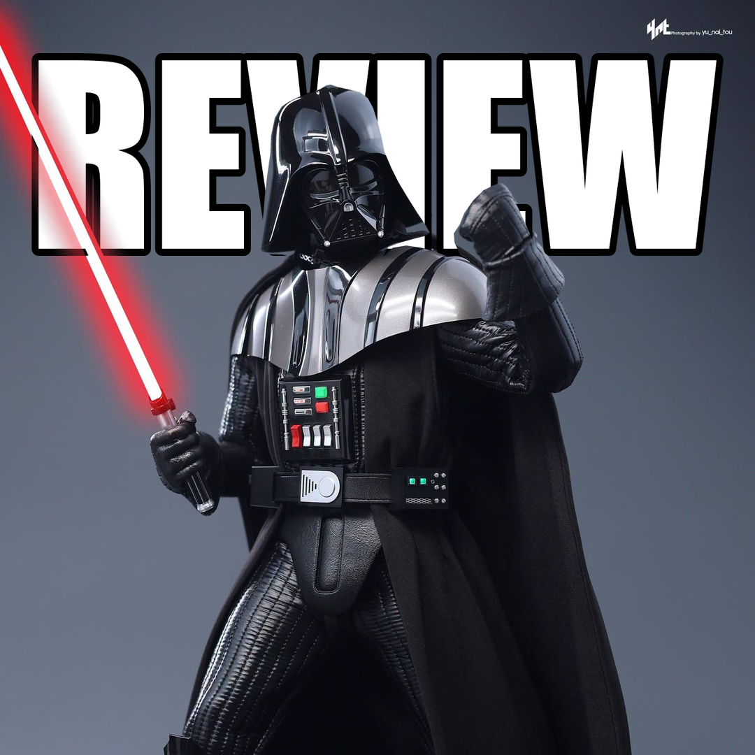 Hot Toys Darth Vader Revenge of the Sith review cover showing the final production figure with a red lightsaber, raised fist and REVIEW lettering behind him.