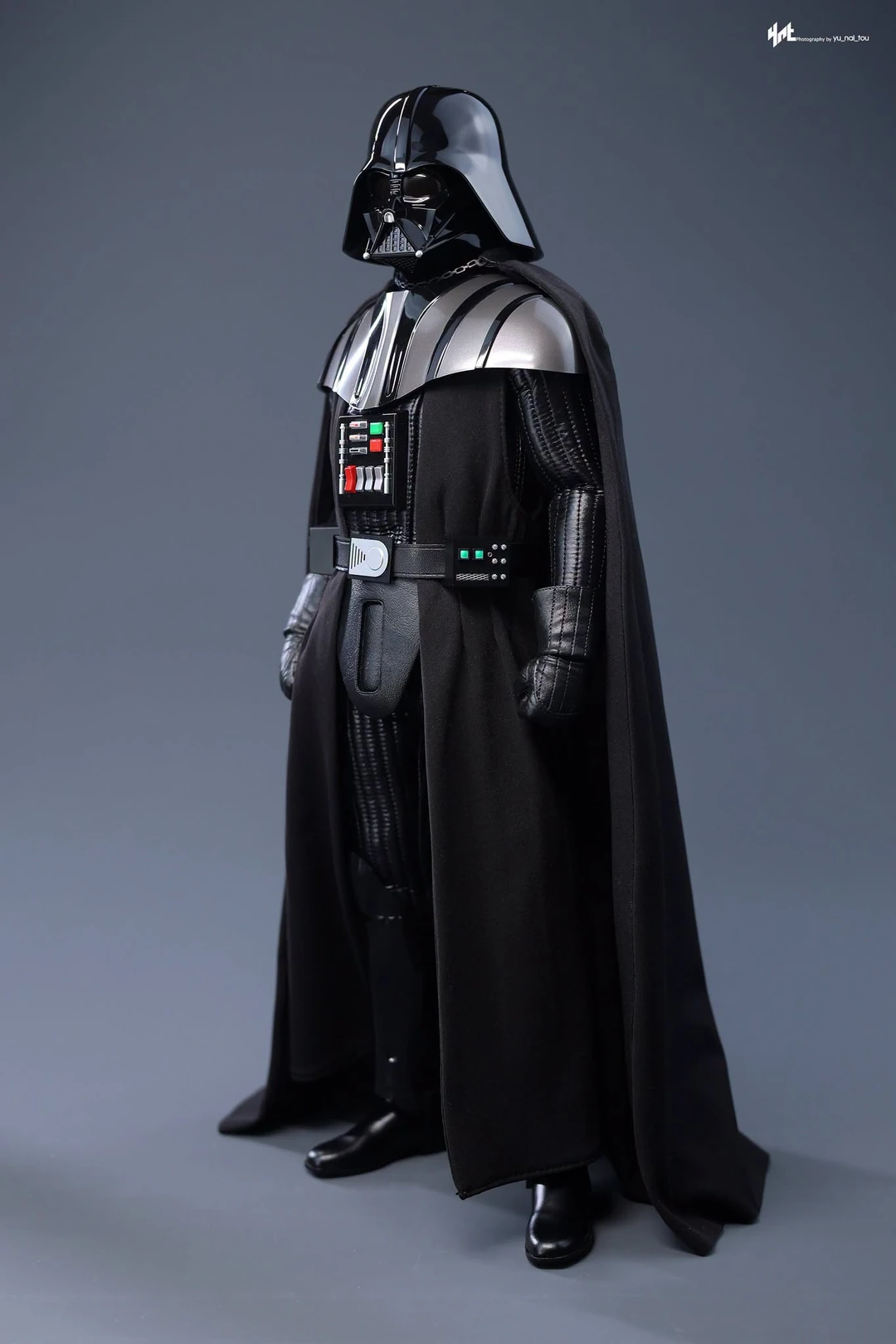 Final production review photo of Hot Toys Darth Vader Revenge of the Sith standing in the nylon suit with the draping cape.