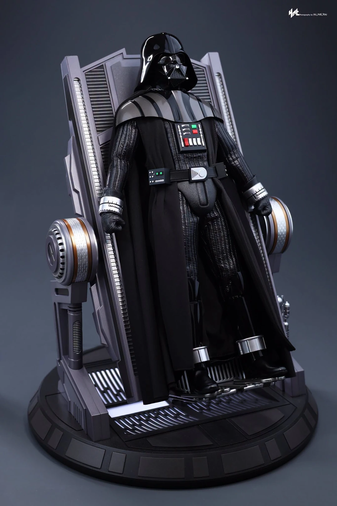 Final production review photo of Hot Toys Darth Vader Revenge of the Sith secured to the upright Deluxe operating table with wrist and leg restraints.