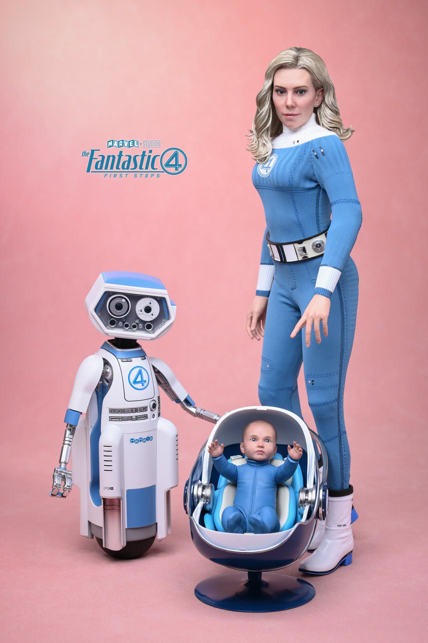 Final production review photo of Hot Toys Invisible Woman showing Sue standing with H.E.R.B.I.E. and Franklin in the carrier.
