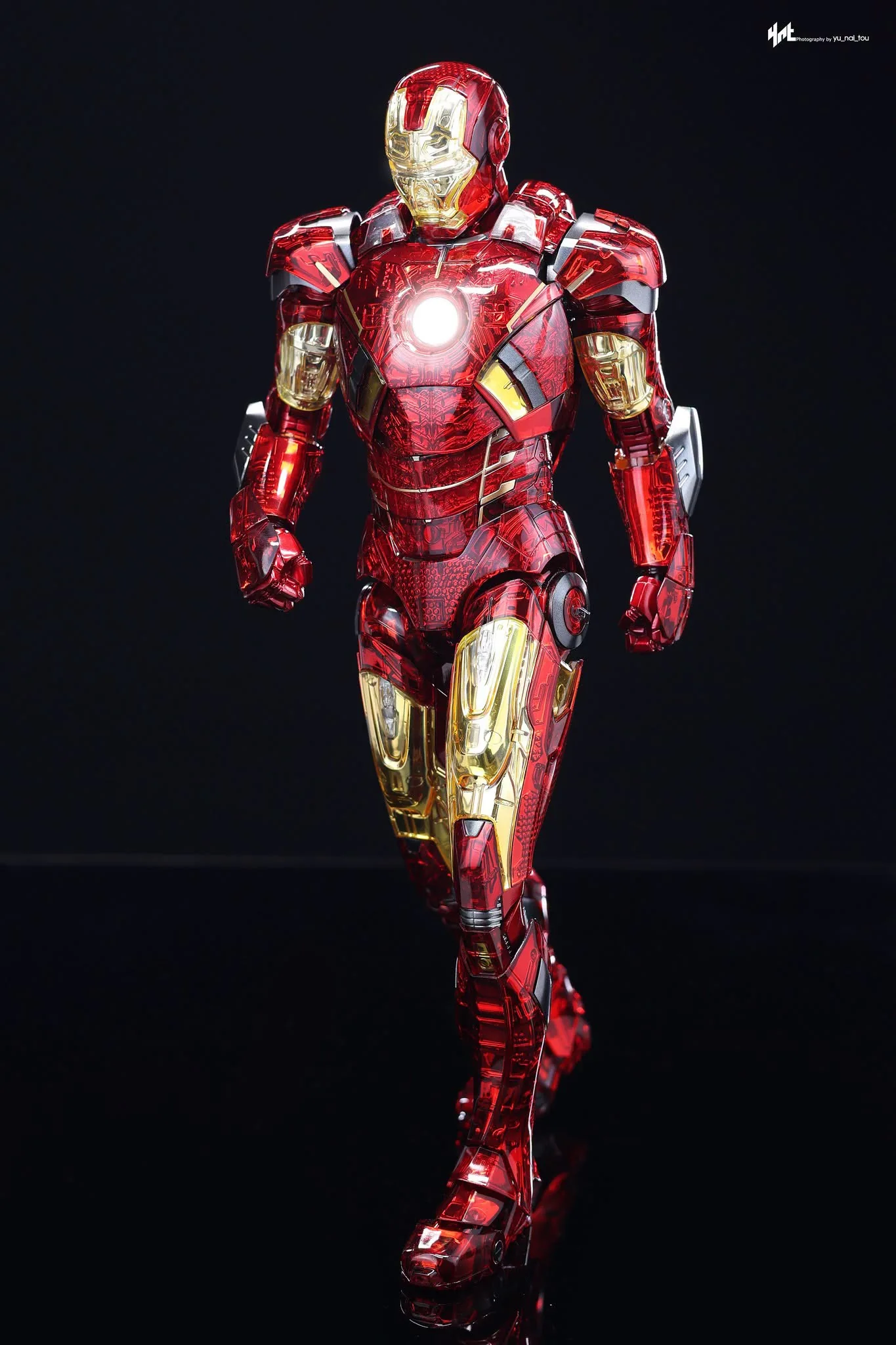 Final production review photo of Hot Toys Iron Man MK 7 Exo-Chrome showing the transparent and chrome armor from the front.