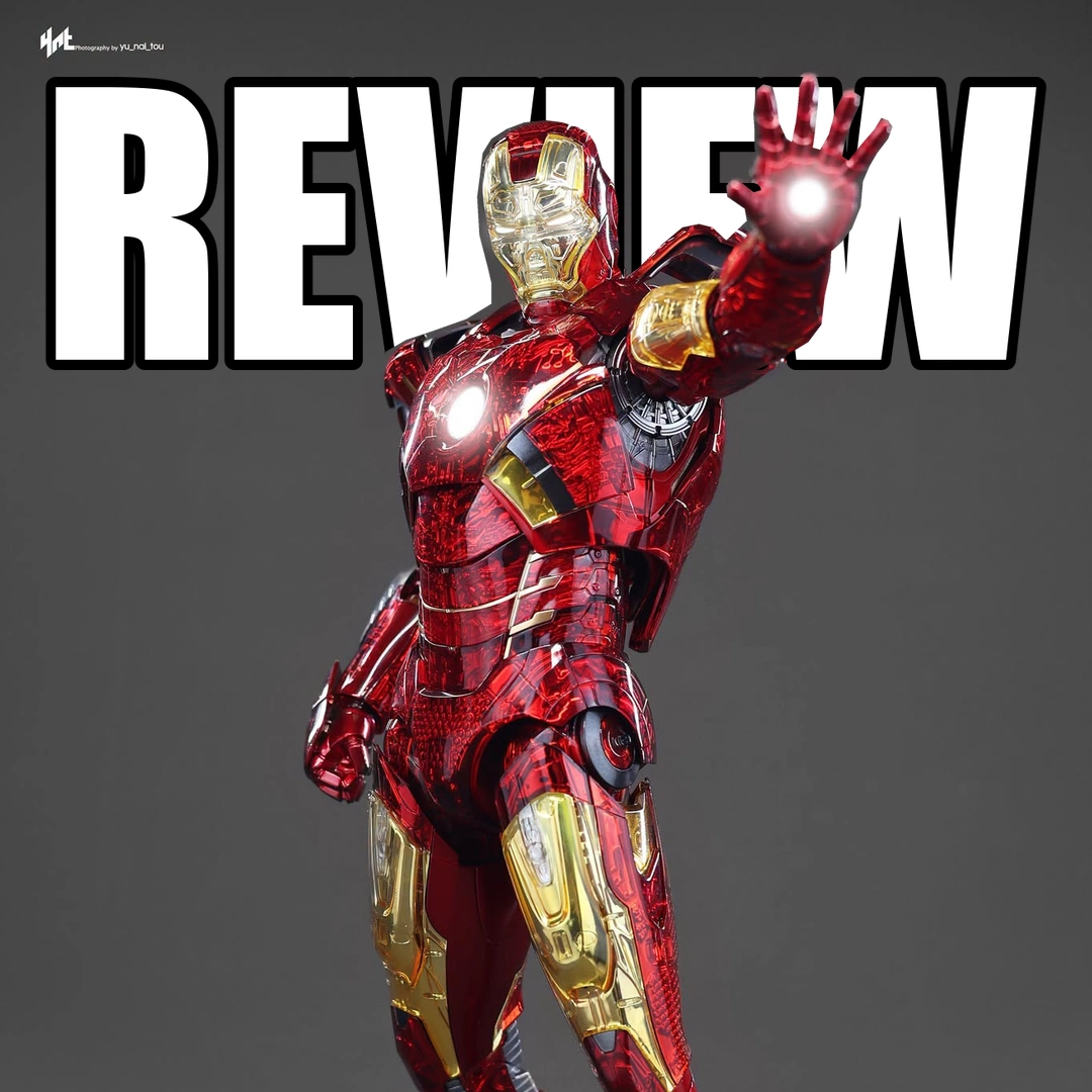 Hot Toys Iron Man MK 7 Exo-Chrome Review cover showing the transparent red and chrome gold Iron Man figure with white REVIEW lettering behind the figure.