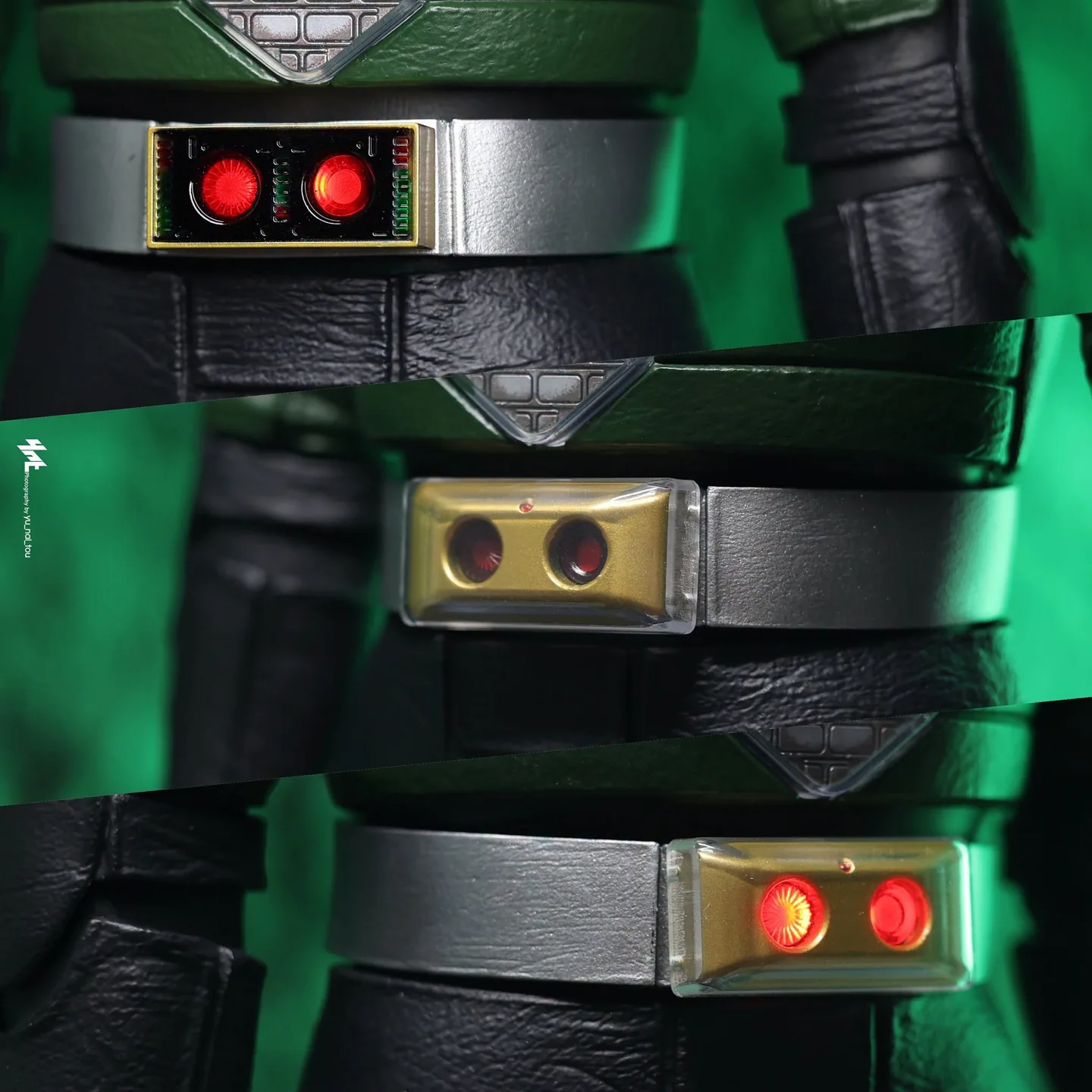 Final production review photo of Hot Toys Kamen Rider Black RX showing the three interchangeable Sunriser belt fronts.