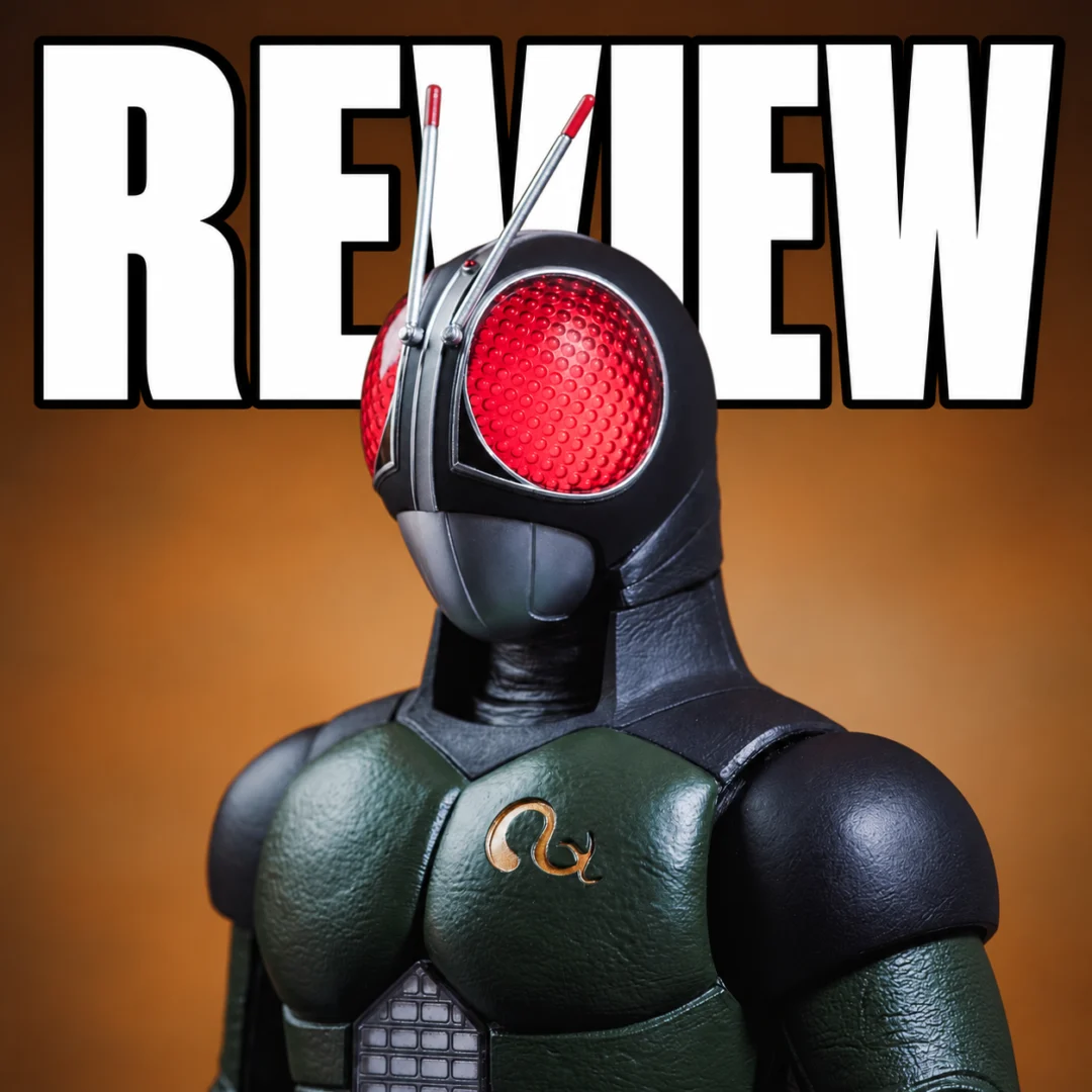 Hot Toys Kamen Rider Black RX Review cover showing the final production figure with REVIEW lettering behind it.
