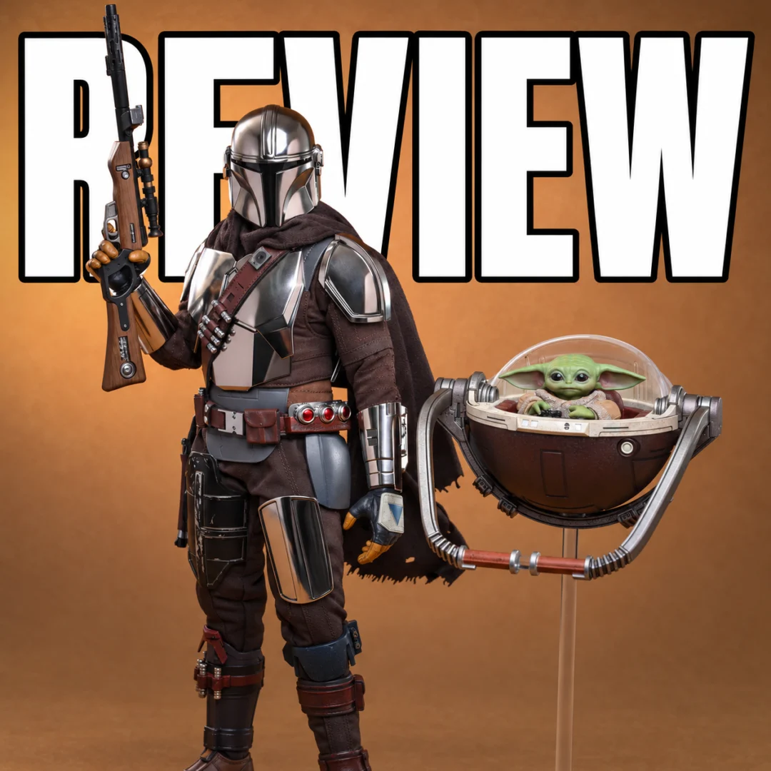 Hot Toys Mandalorian & Grogu Review cover showing the final production figure with REVIEW lettering behind it.