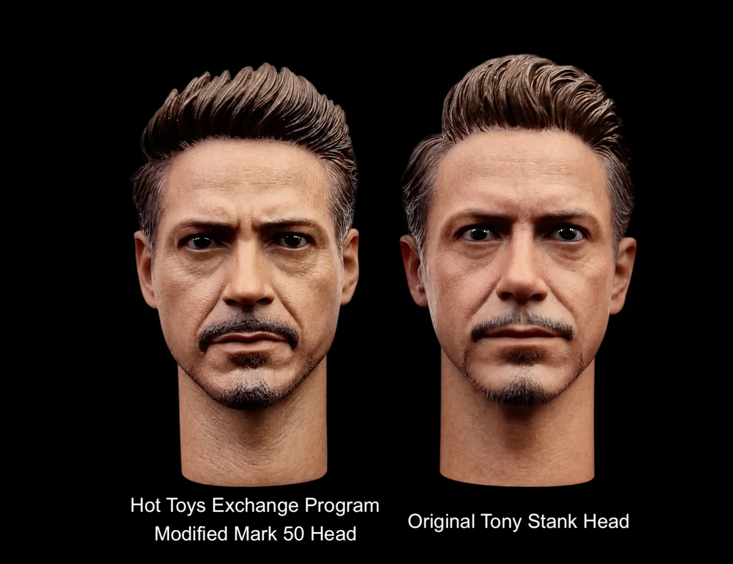 Hot Toys Mark 85 head sculpt exchange comparison, with the modified Mark 50 replacement on the left and original Tony Stank head sculpt on the right
