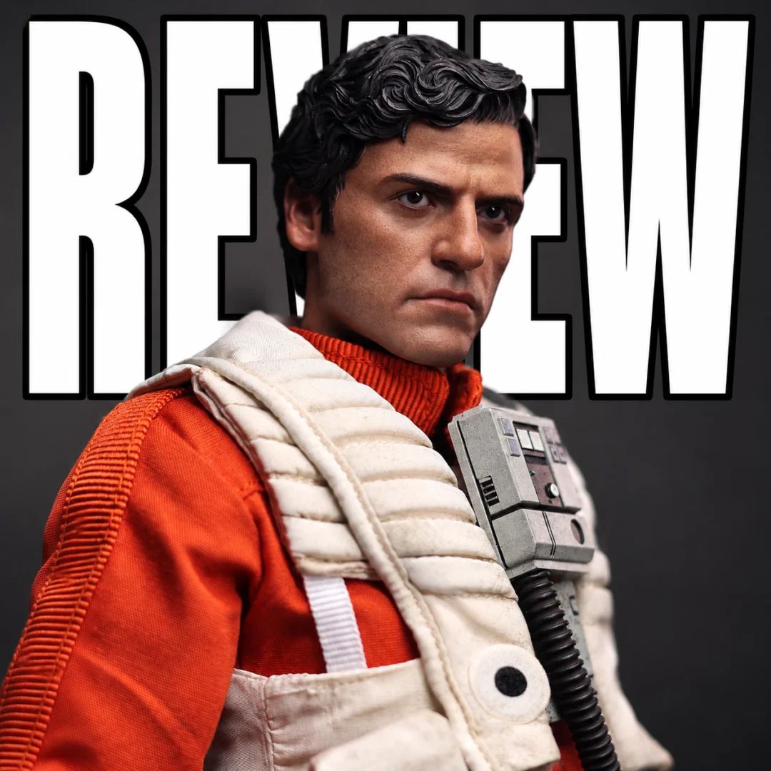 Hot Toys Poe Dameron Review cover showing the final production figure with REVIEW lettering behind it.