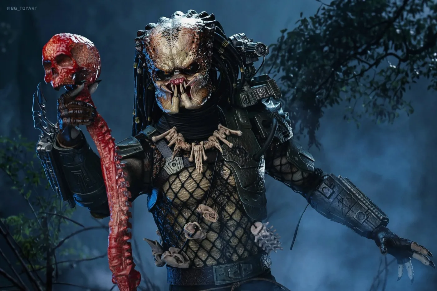 Final production review photo of Hot Toys Predator 2.0 Jungle Hunter showing the unmasked head and skull-and-spine trophy.