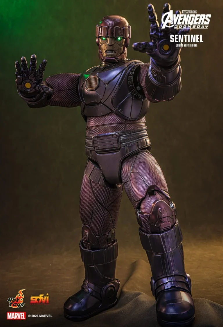 Sentinel with battle-damaged panels and both energy-blast hands raised
