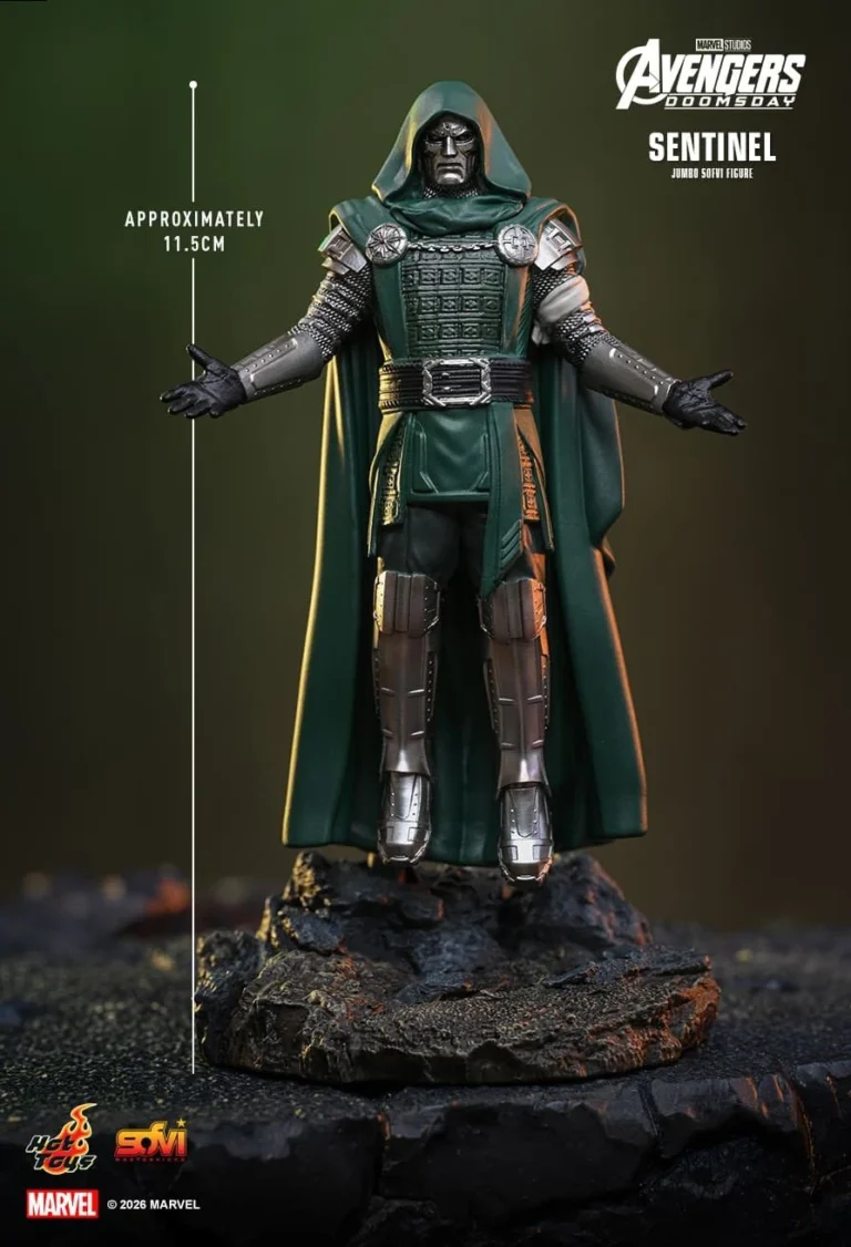 Included Doctor Doom miniature with arms open on its rocky terrain base