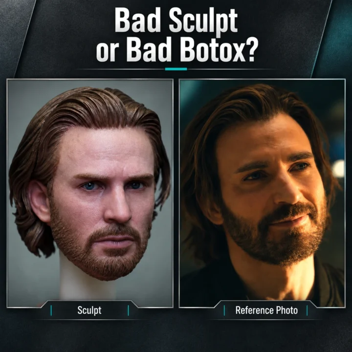 Hot Toys Steve Rogers Doomsday prototype head sculpt beside a Chris Evans reference still, with the headline Bad Sculpt or Bad Botox