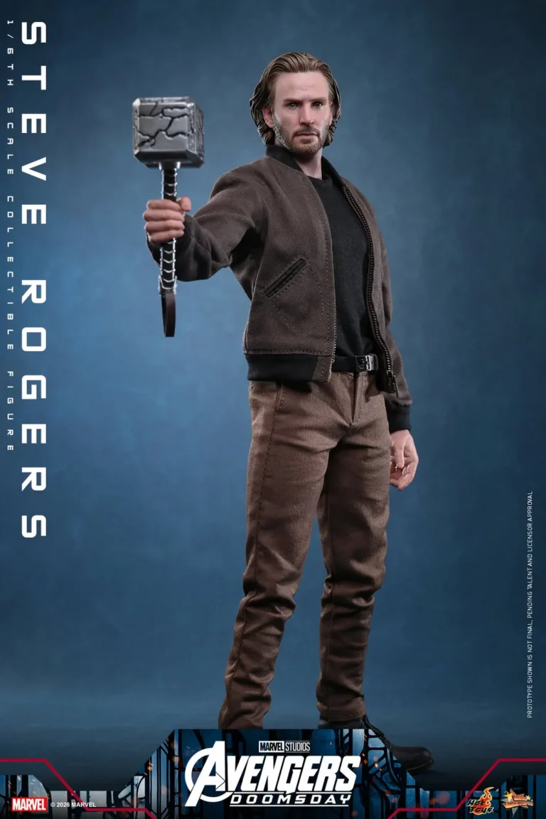 Full-length Steve Rogers figure extending Mjolnir forward with the jacket on