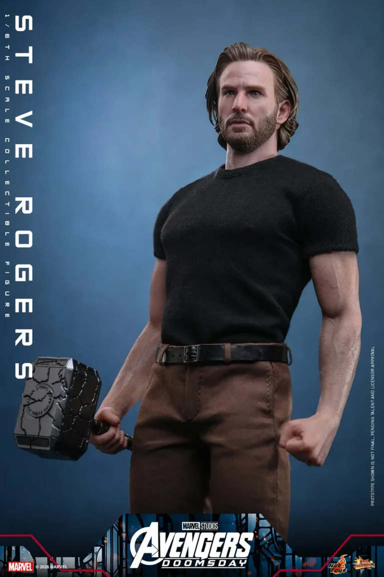 Steve Rogers in a black T-shirt showing the silicone arms and Mjolnir