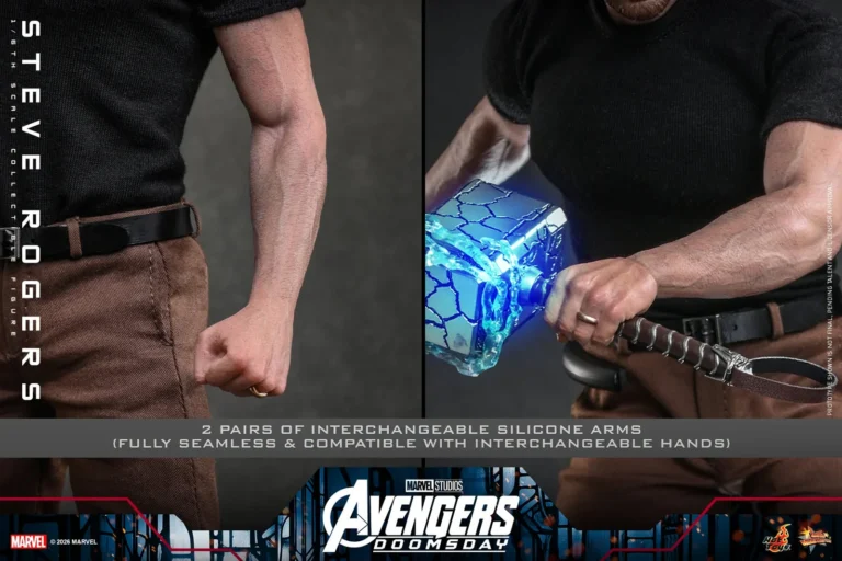 Two pairs of Steve Rogers silicone arms showing seamless and interchangeable-hand options