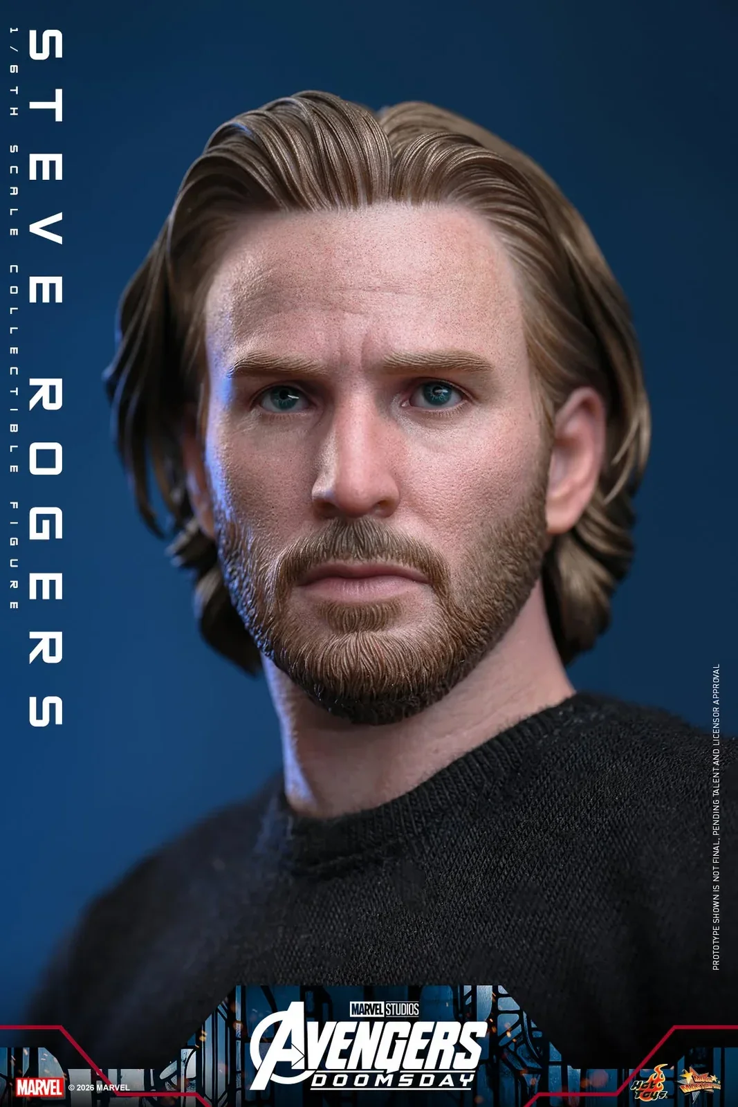 Official Hot Toys Steve Rogers Avengers Doomsday prototype head sculpt against a blue background