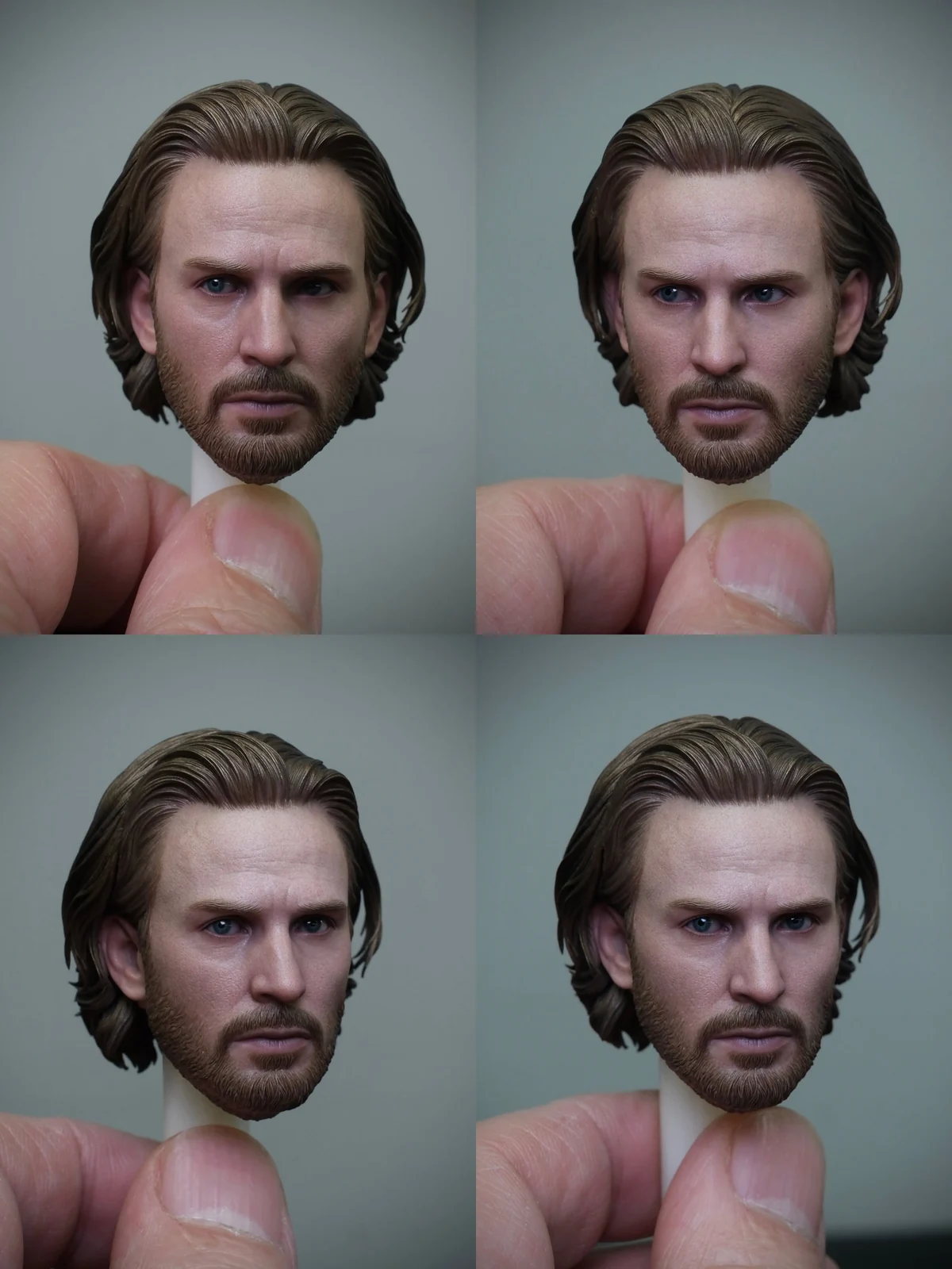 Four views of the Hot Toys Steve Rogers Avengers Doomsday prototype head sculpt, showing its brow, eyes, beard and hair
