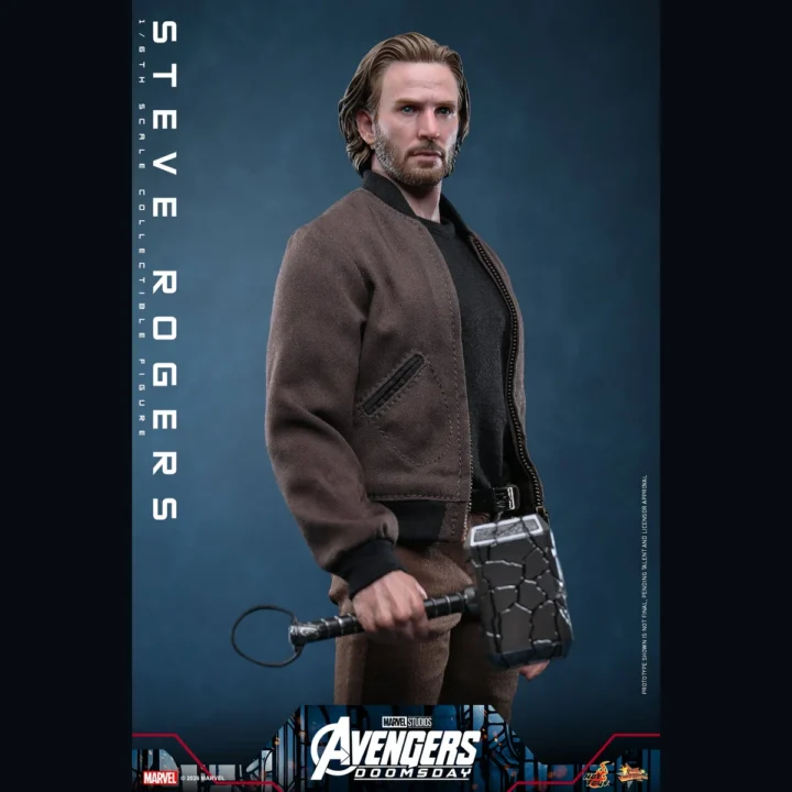 Steve Rogers Chris Evans portrait with brushed-back sculpted hair and charcoal brown jacket