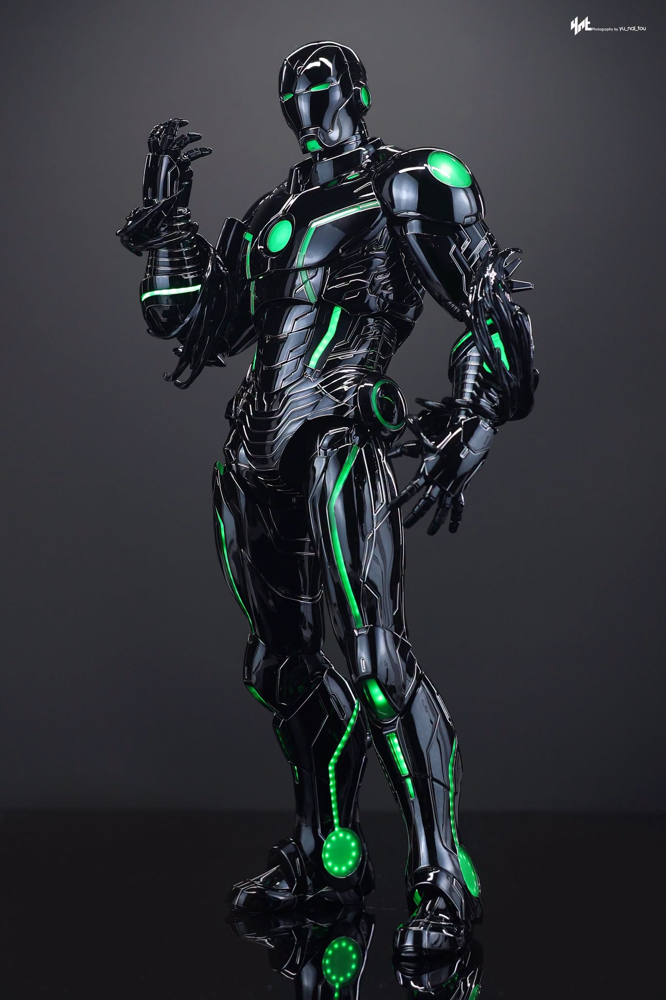 Final production review photo of Hot Toys Superior Iron Man Infamous Neon showing the full armor and panel lines.