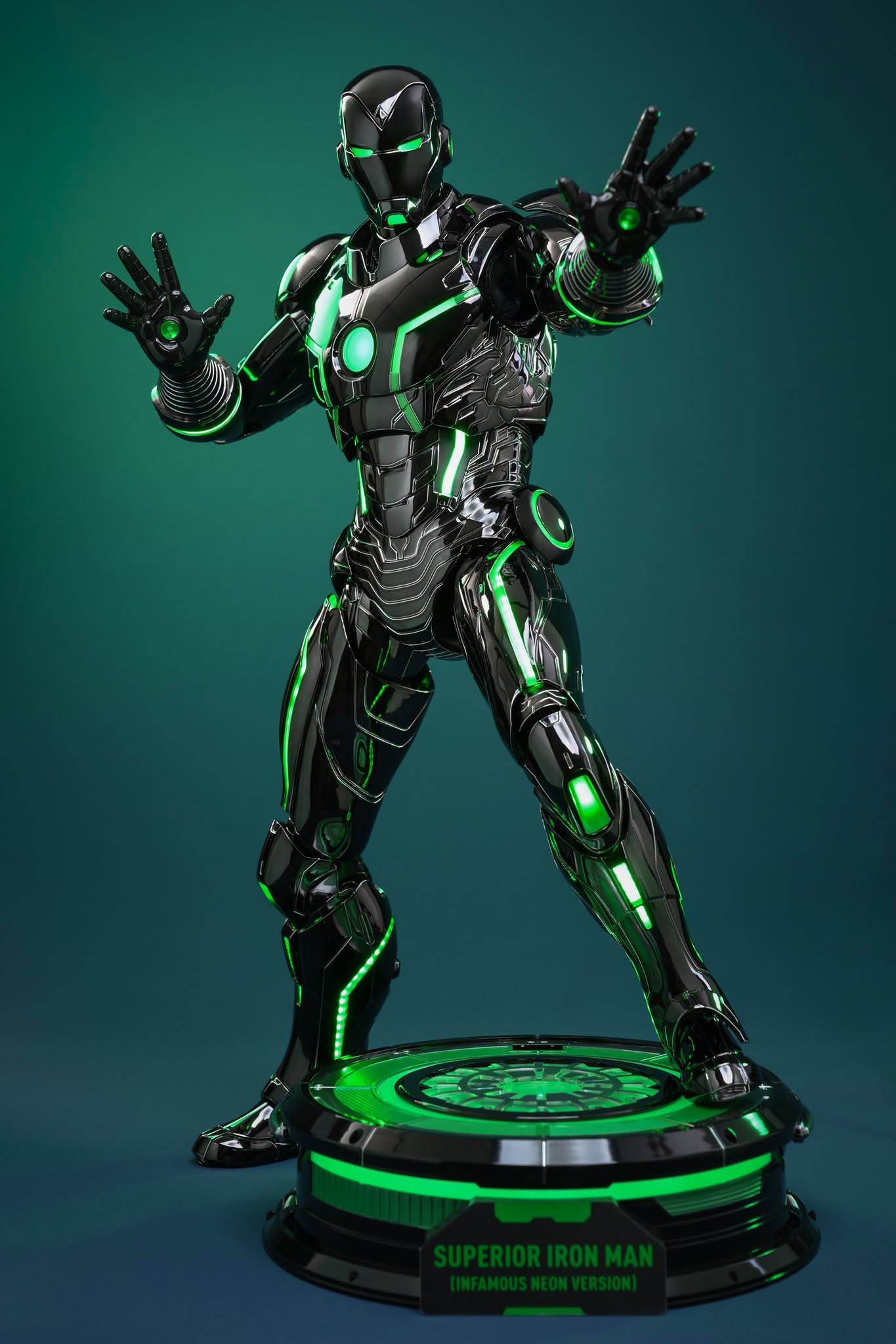 Final production review photo of Hot Toys Superior Iron Man Infamous Neon on its illuminated display stand.