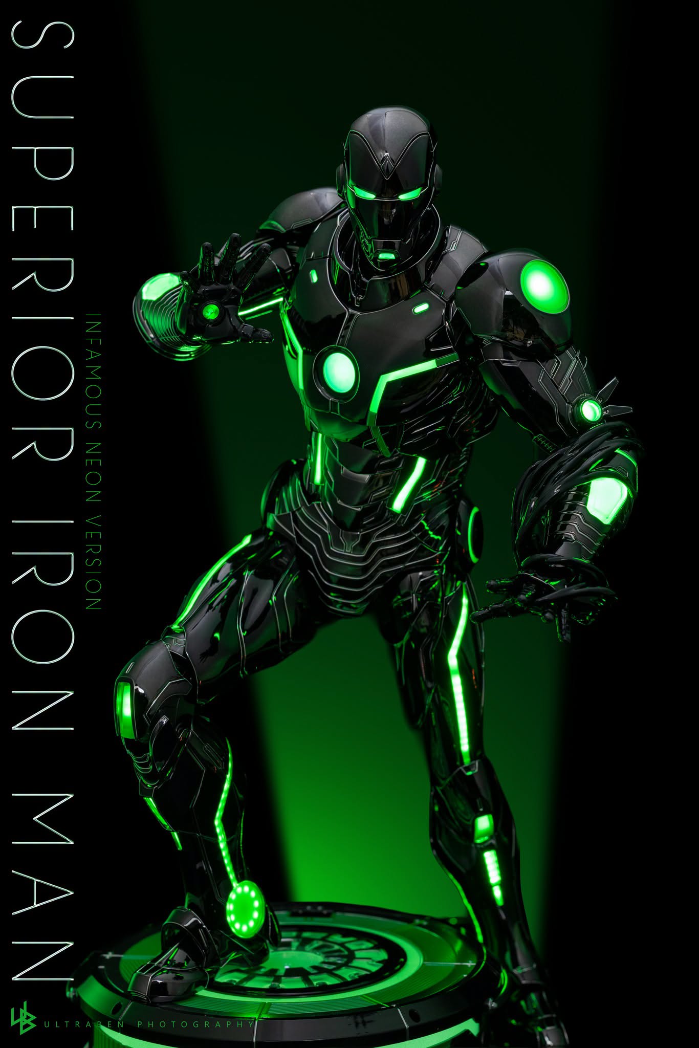 Final production review photo of Hot Toys Superior Iron Man Infamous Neon in a dynamic pose with green lighting.