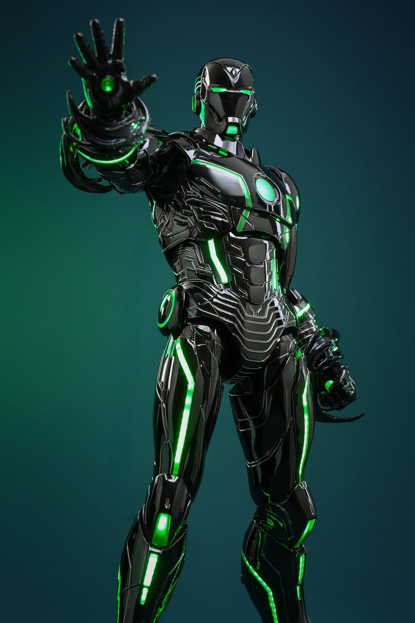 Final production review photo of Hot Toys Superior Iron Man Infamous Neon with the articulated hand and repulsor.