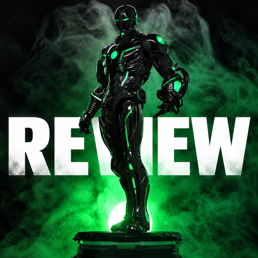 Hot Toys Superior Iron Man Infamous Neon review featured image with black armor, green lighting and REVIEW lettering.
