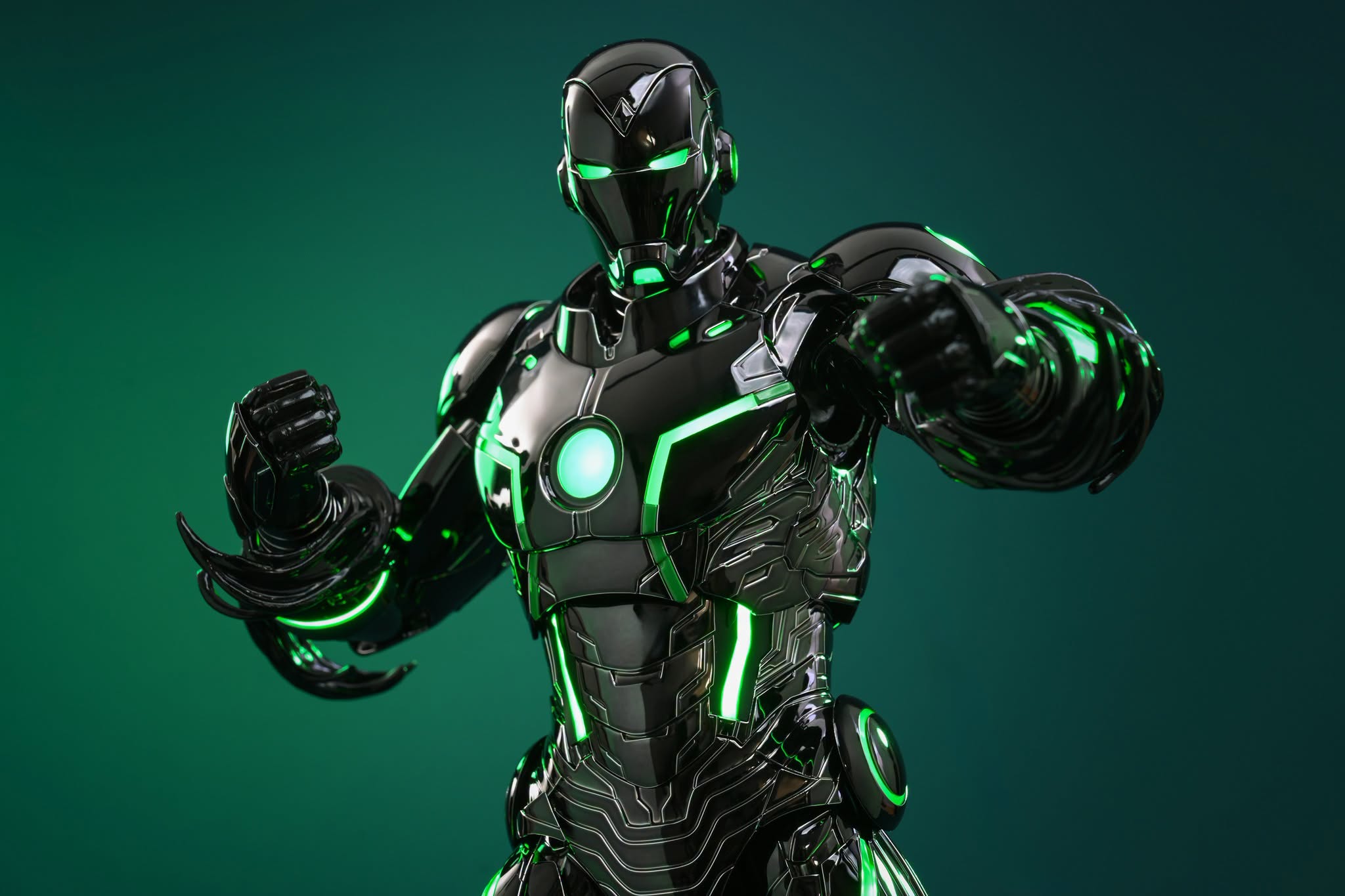 Final production review photo of Hot Toys Superior Iron Man Infamous Neon showing the black smart-metal forearm effect.