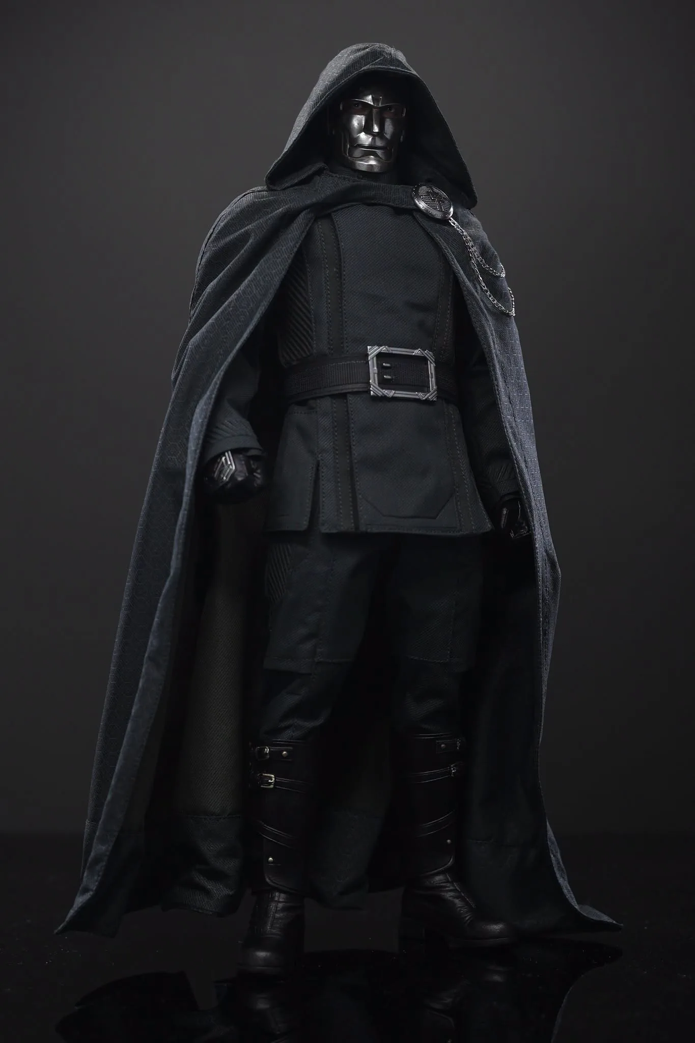 Final production review photo of Hot Toys Victor Von Doom showing the full standing figure in the dark green outfit.
